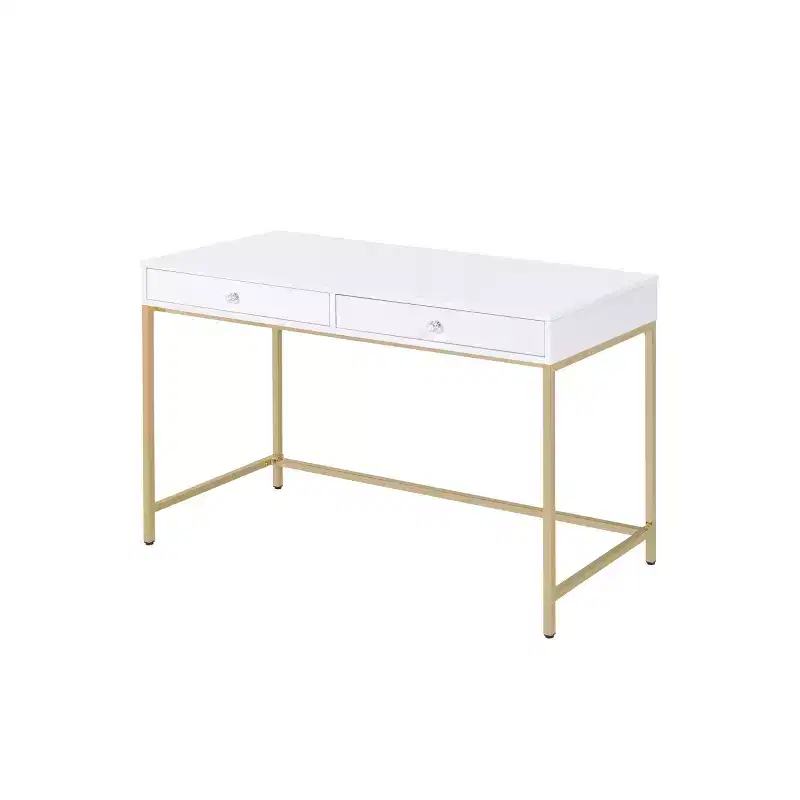 2 Drawer Desk White High Gloss/Gold