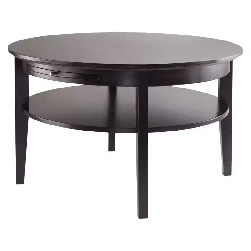 Round Espresso Coffee Table with Pull-Out Tray and Open Shelf