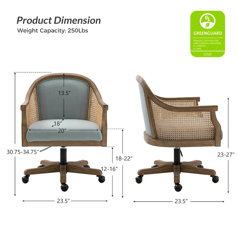 Danilo Farmhouse 360 Degree Swivel Height Adjustable Rattan Desk Chair with RubberWood by HULALA HOME