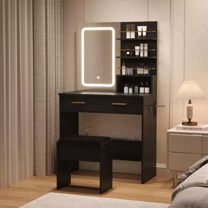 Makeup Vanity Desk with Mirror and Lights, 31W Dressing Table with 2 Drawers & Open Storage Shelves, Brightness Adjustable Makeup Vanity Table