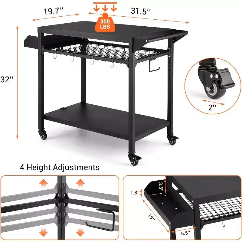 Outdoor Grill Cart with Wheels  Heavy Duty Steel Prep Table, Shelves, Hooks and Gas Stand  for Pizza Oven and BBQ  Ideal for Camping and Garden