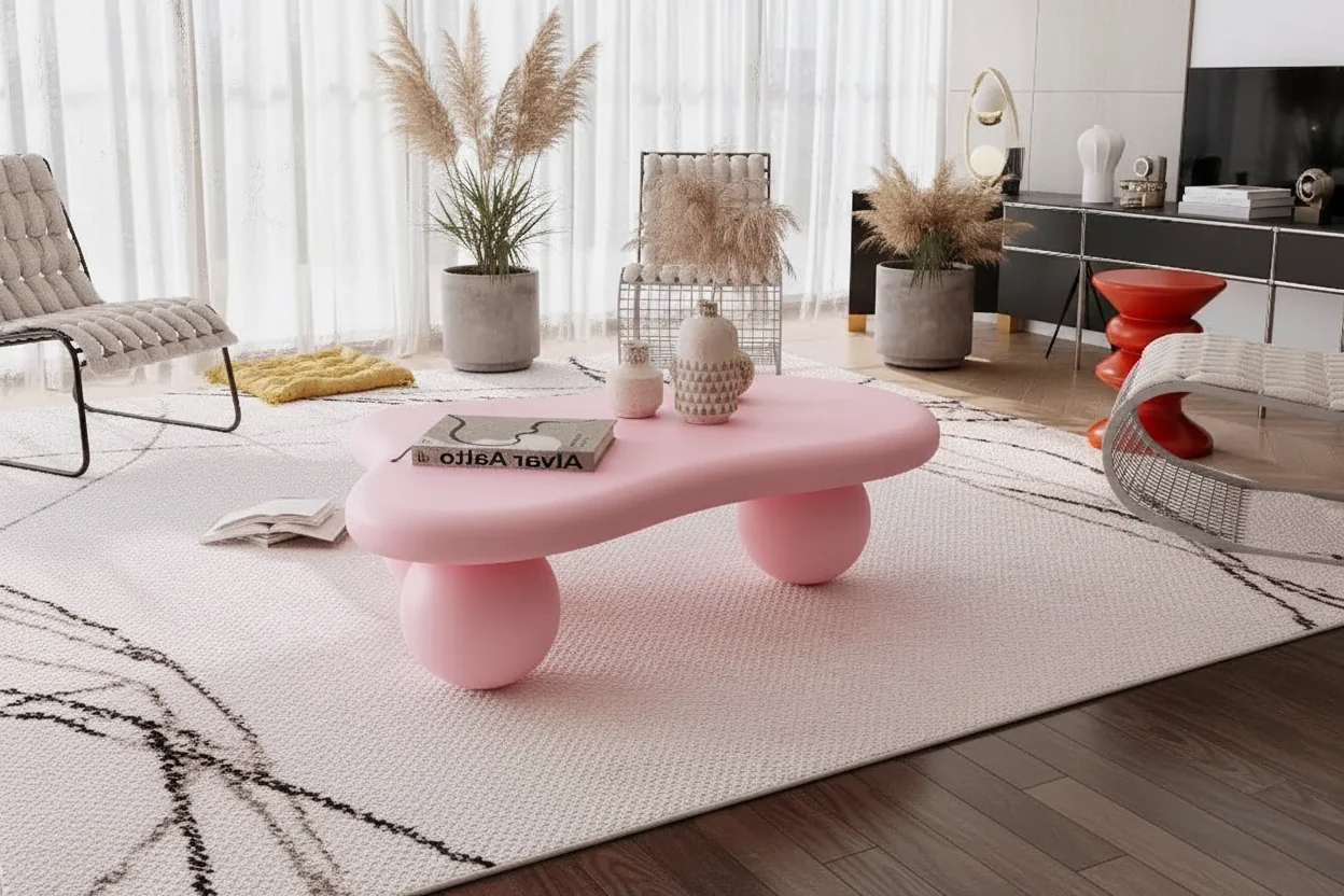 Pink Cloud-Shaped Coffee Table Ball Legs MDF 47-Inch Irregular Modern