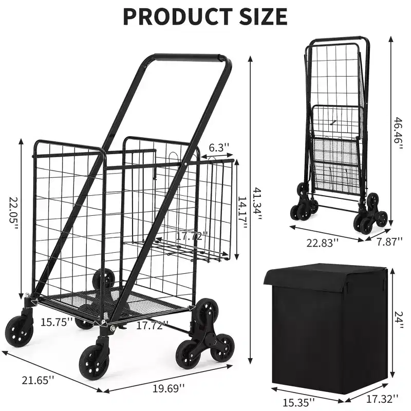 Heavy Duty Stair Climbing Shopping Cart - 360 Swivel Tri-Wheels, Waterproof Liner,135LBS,Folding Carbon Steel Trolley for Laundry, Groceries