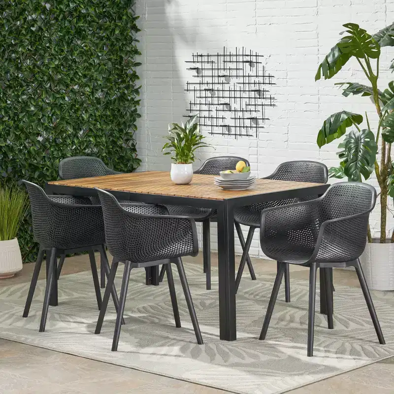 Christopher Knight Home Flora Outdoor Acacia Wood and Resin 7 Piece Dining Set, Black and Teak