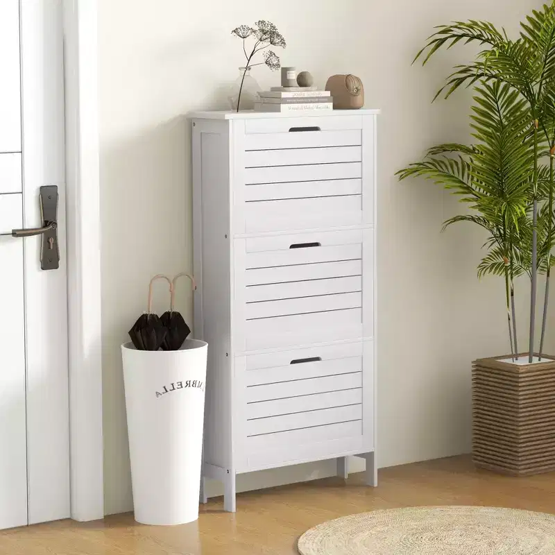 Narrow Shoe Storage Cabinet for Entryway with 3 Flip Drawers, Slim Shoe Rack Organizer with Louvered Doors for 6 Pairs of Shoes, White