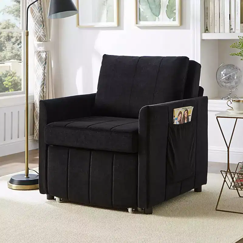 Upholstered Convertible Sleeper Sofa with Side Pockets & Storage Basket – Black