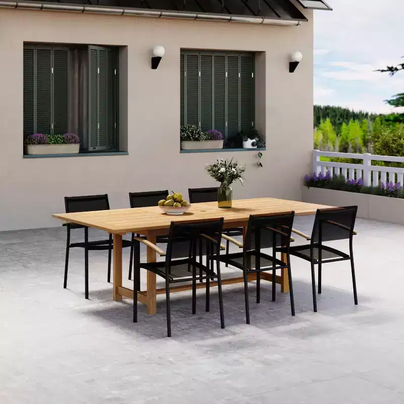 Amazonia Lapa 7pc Aluminum and Teak Finish Wood 100% Rectangular Extendable Patio Dining Set Black