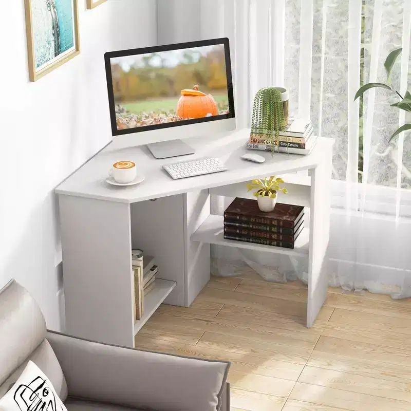 Corner Computer Desk, Triangle Writing Workstation with Storage Shelf, White