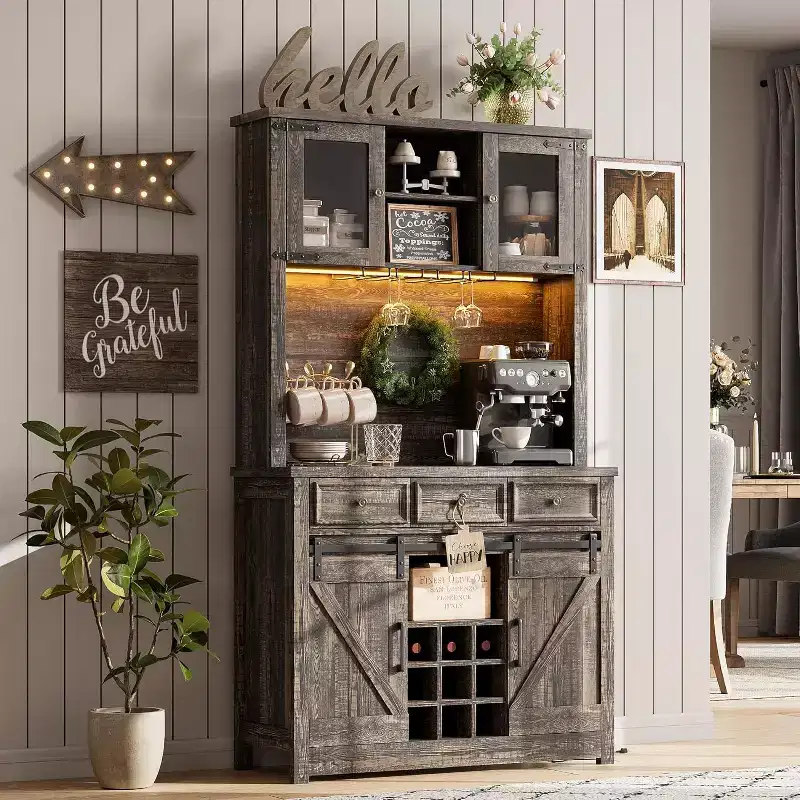 72 Coffee Bar Cabinet with Sliding Barn Door, Tall Kitchen Buffet Hutch with 3 DrawersWine Glass Rack, Ample for Home
