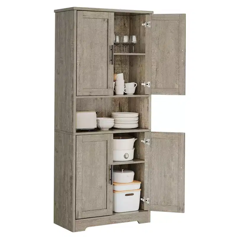 70in Tall Kitchen Pantry Cabinet with 4 Doors, Adjustable Shelves, Open Shelf, Tall Cupboard for Dining Room, Bathroom, Laundry Room