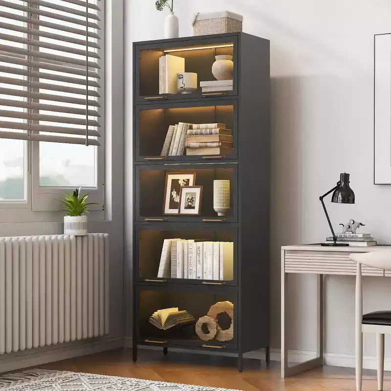 Tall Display Cabinet with Glass Doors, 5-Tier Steel Barister Bookcase Curio Cabinet Storage Cabinet Accent Cabinet Pantry Organizer, Black-ModernLuxe