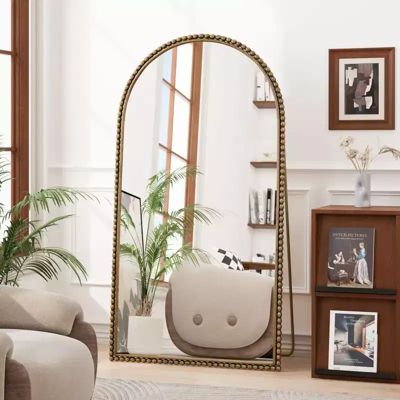 Okak 65*35in Retro Metal Full Body Mirror with Standing, Elegant Arched Mirror, Standing Mirror for Living Room, Bedroom