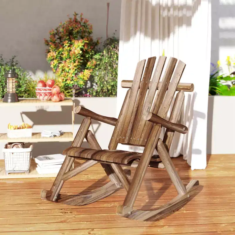 Outsunny Wooden Adirondack Rocking Chair, Outdoor Rustic Log Rocker with Slatted Design for Patio