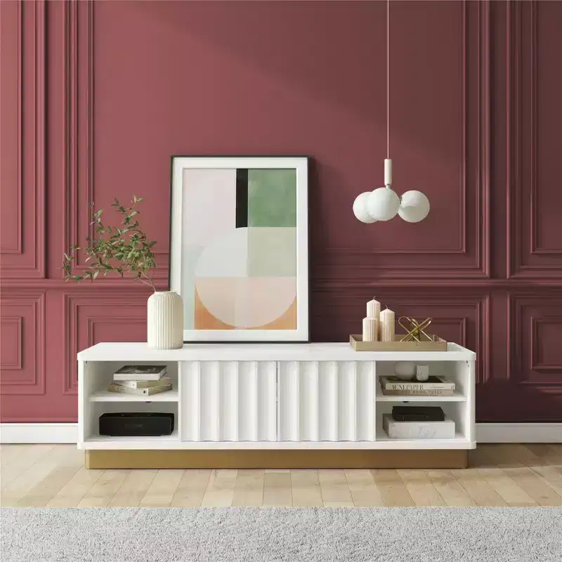 GDFStudio Hilton Modern Scalloped TV Stand for TVs up to 65 with Gold Base and Sliding Doors