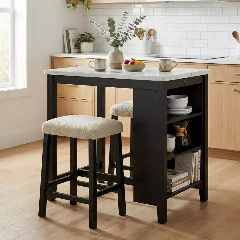 GDFStudio Oscar Transitional High Gloss Wood 3-Piece Dining Set with Storage Shelves and USB Ports, Boucle Upholstered Stools