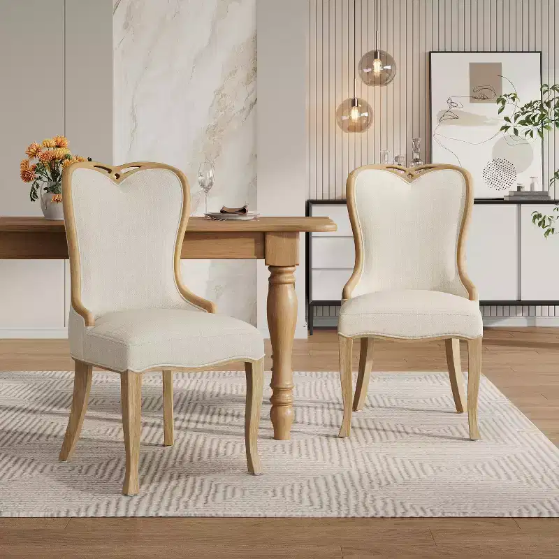 French Country Wingback Rubberwood Dining Chairs – Upholstered, Set of 2