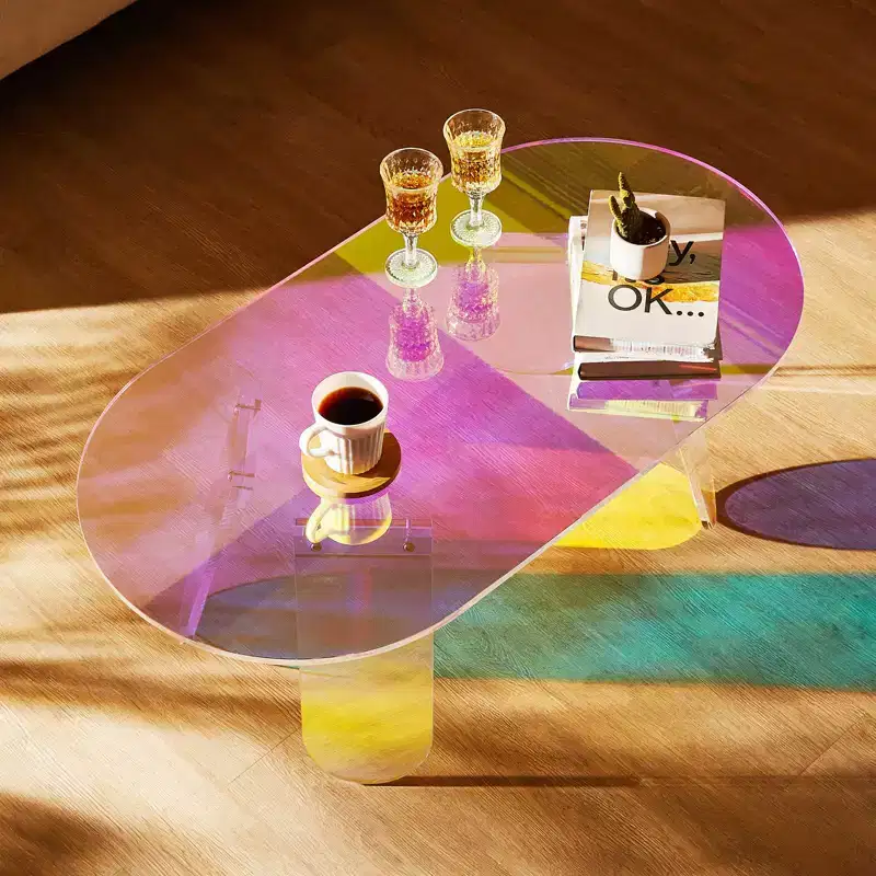 Acrylic Coffee Table, Iridescent Acrylic End Table, 13.8 Inch High Colorful Acrylic Side Table, for Coffee
