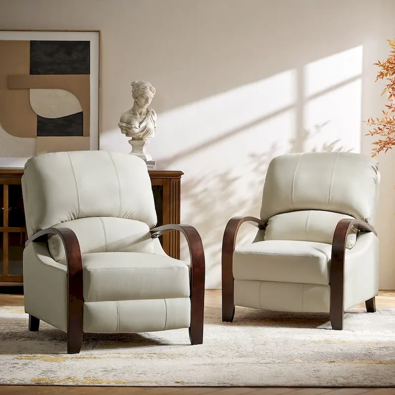Alex Mid-century Modern Cigar Genuine Leather Manual Recliner with Wooden Curved Arms, Set of 2
