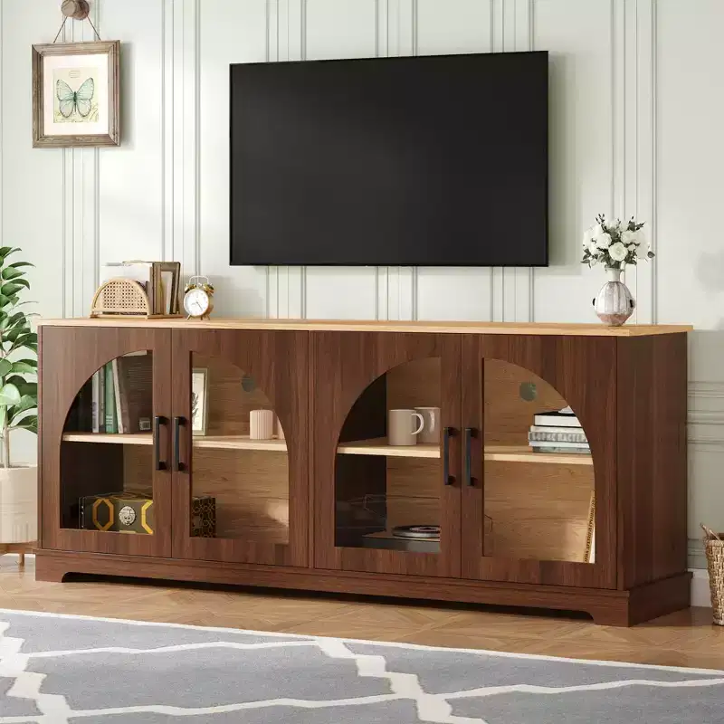 JVNOXK Farmhouse-style TV console with semi-arched glass doors, accommodates TVs up to 70 inches. Wood-grain sideboard with adjustable shelves, Walnut