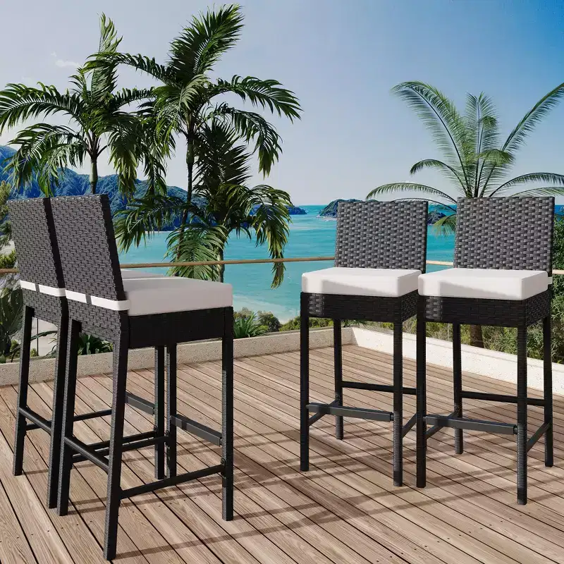 Set of 2 Outdoor Wicker Bar Stools  Armless Rattan Bar-Height Chairs with Cushions for Patio, Poolside or Backyard