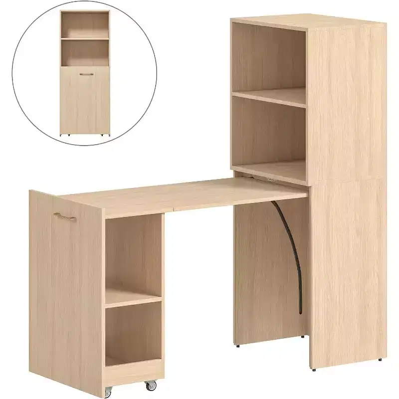 MooxvMoo Stretchable Desk with Storage Shelves and Mobile Wheels, Foldable Computer Table for Small Apartments and Home Offices, Burlywood