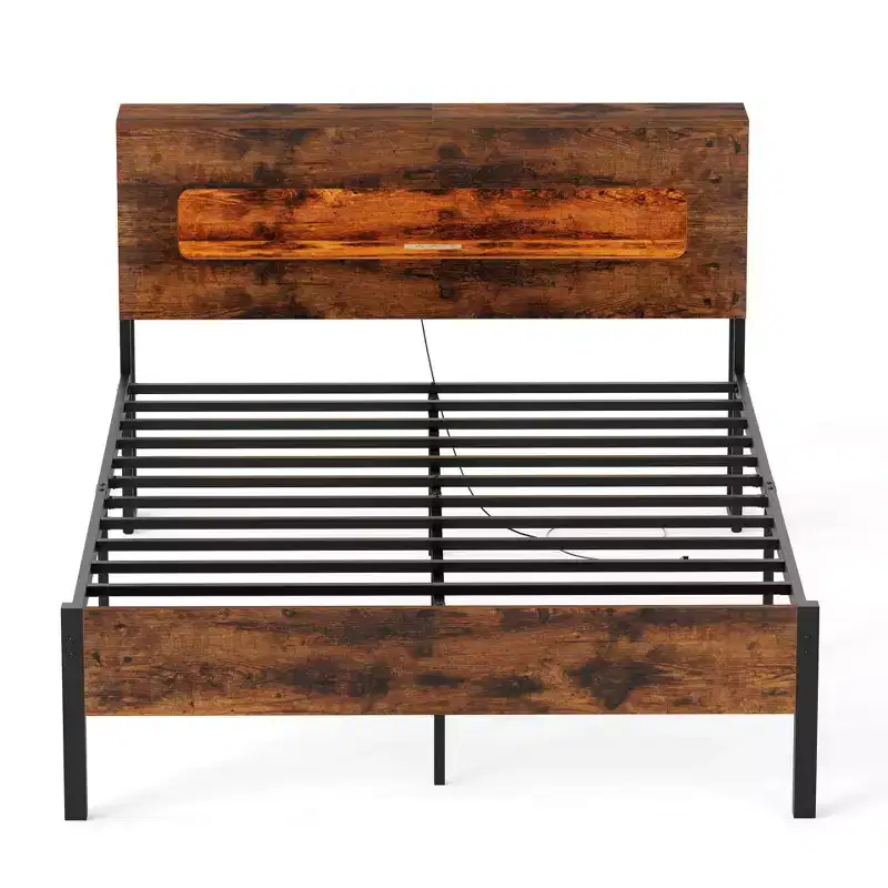 Full Bed Frame with LED Lights Storage Headboard Power Outlets Strong Metal Support