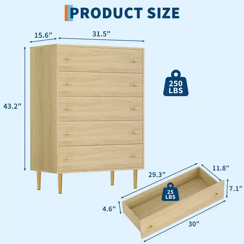 COZONY 44 Farmhouse Dresser with 5 Drawers, Natural Wood Rustic Chest & Bar Handles for Bedroom & Living Room