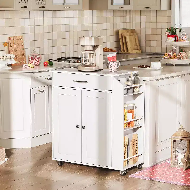 Rolling Kitchen Island with Power Outlet & Spice Rack - White Kitchen Storage Cart with Drawer, Lockable Wheels