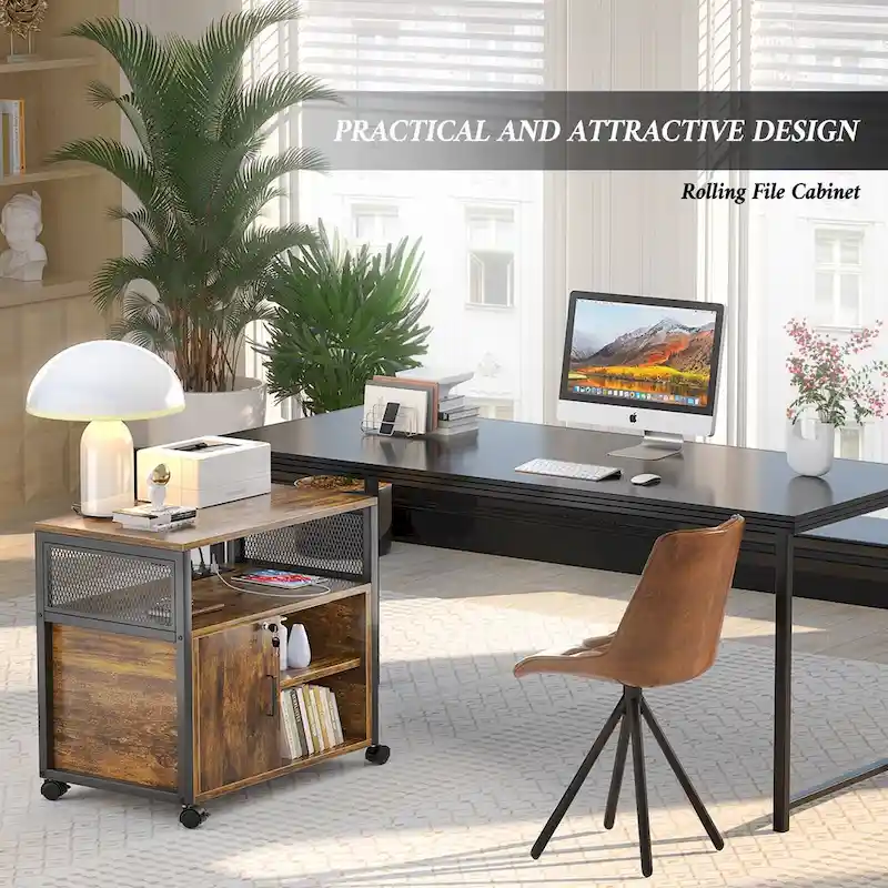 Rolling File Cabinet Lateral Office Filing Cabinets with Charging Station,Modern Printer Stand on Wheels