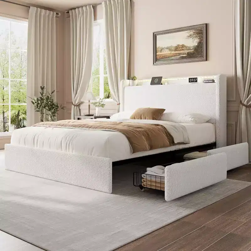 Full Size Boucle Bed Frame with Storage Headboard, Charging Station and LED Lights, No Box Spring Needed, 4 Storage Drawers
