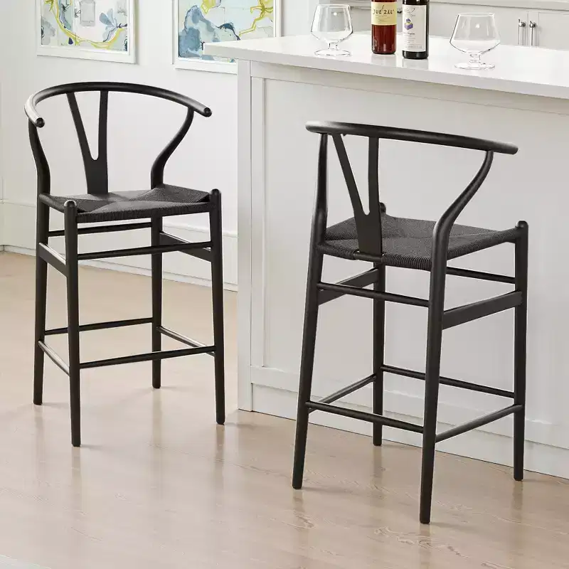 MAYEERTY Black Fully Assembled Wishbone Weave Bar Stool - Modern & Sturdy for Kitchen Island