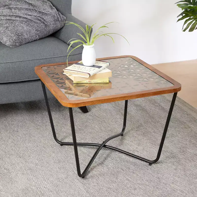 Tempered Glass Square Coffee Table 23''W x 23''D with Geometric Base