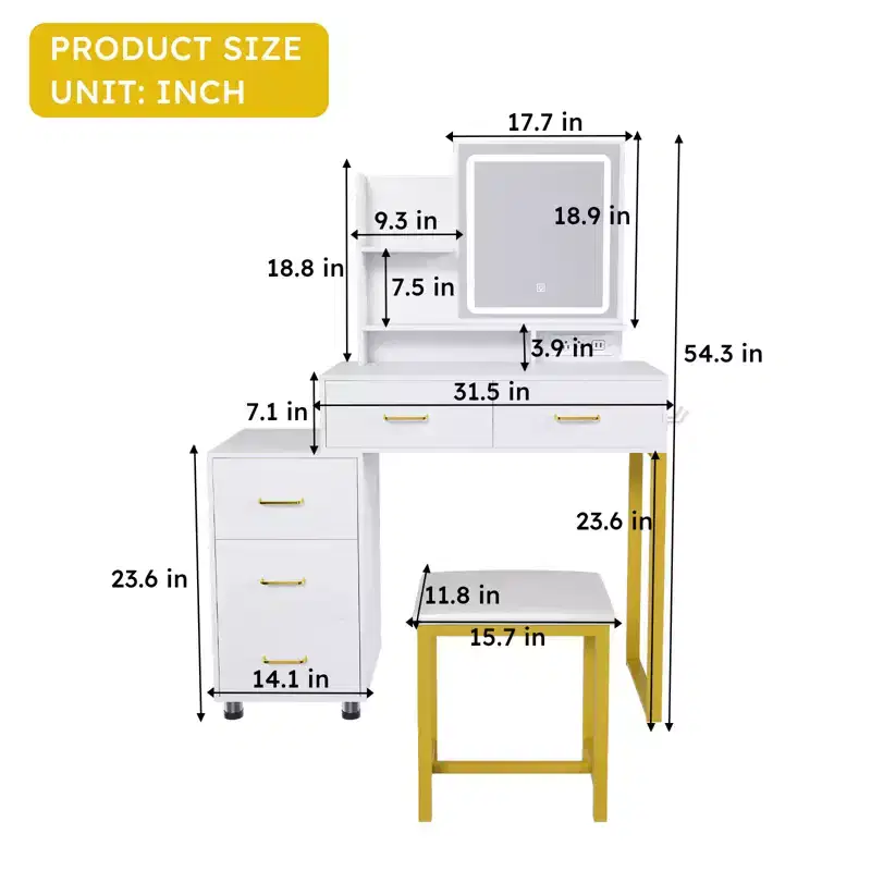 Vanity Desk with LED Lights, Power Outlet & 5 Drawers, Metal Legs, White