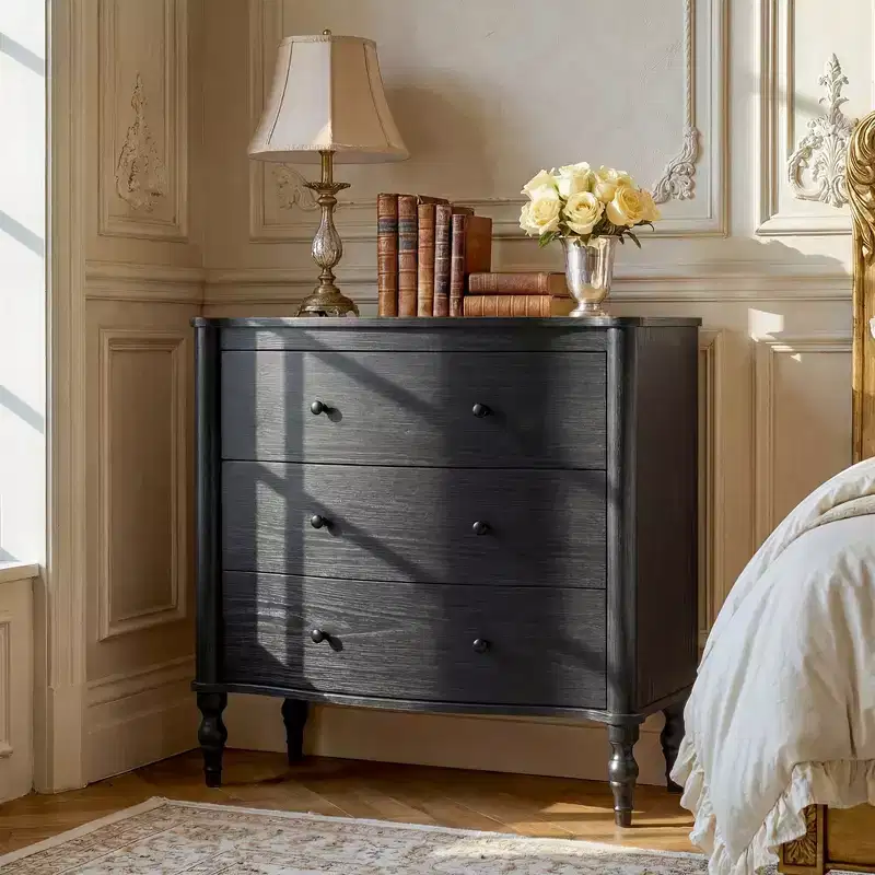 3-Drawer Wood Nightstand with Curved Front & Vintage Turned Legs
