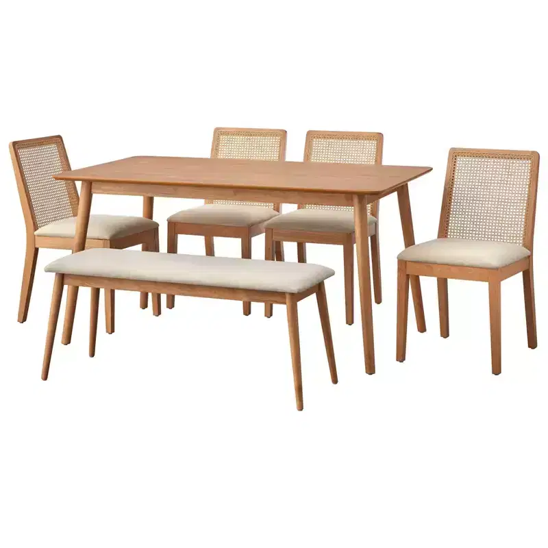 Buylateral 6pc Newington Cane Dining Set with Bench Light Oak/Beige
