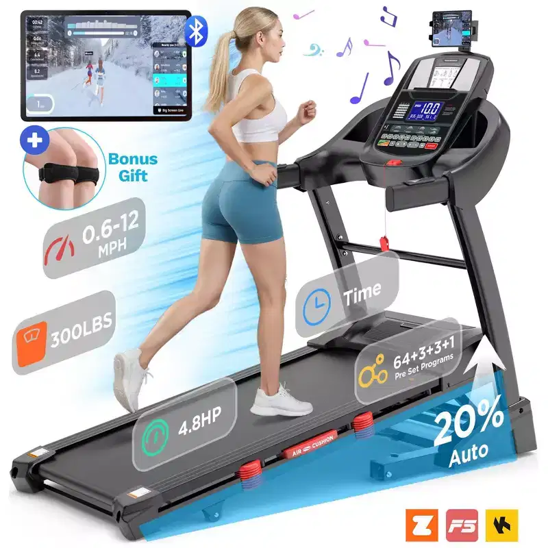 Folding Treadmill with Auto Incline  4.8HP Motor, 20% Incline, Heart Rate Monitor, Bluetooth Speakers, 300 lb Capacity
