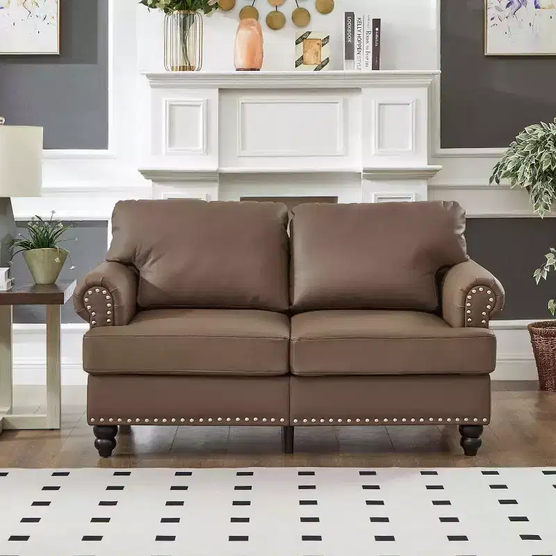 MAYEERTY 59.5 Modern Classic Lovaseater Sofa with Nails Upgolstered Initation Cowhide Leather for Living Room Brown
