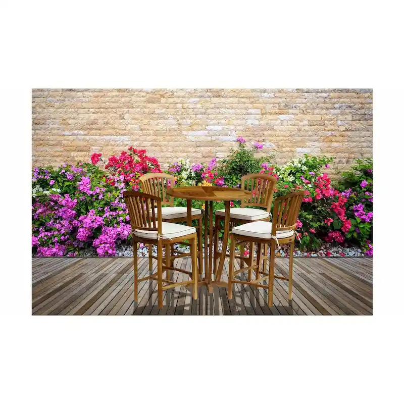 Chic Teak 5 Piece Round Teak Armless Orleans Bar Table/Chair Set With Cushions
