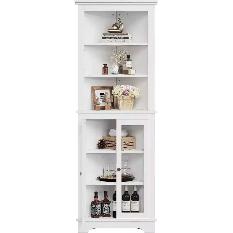 Corner Cabinet with Glass Doors, Adjustable Shelves Freestanding Tall Bathroom Kitchen Storage Cabinet for Small Spaces, White Modern Organizer