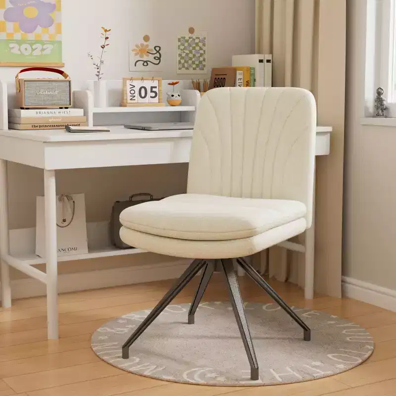 VECELO Upholstered Office Desk Chair Cross Legged Chair with Wide Padded Seat, Modern Computer Task Chair Gray/Beige