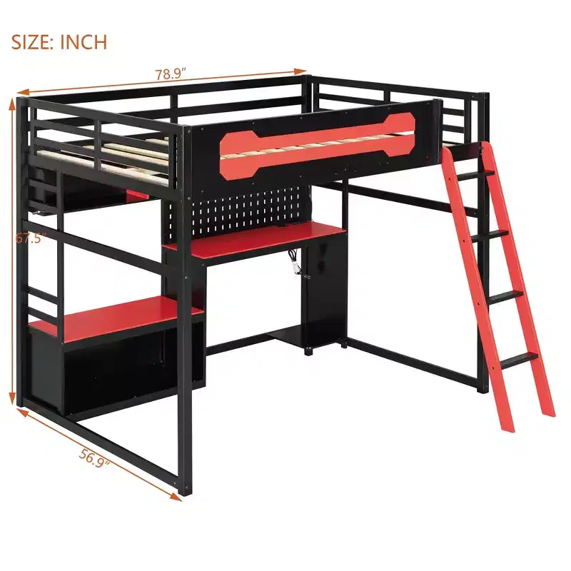 Luxystar Full Size Loft Bed With Computer Desk, Storage Bookcase Shleves and Pegboard