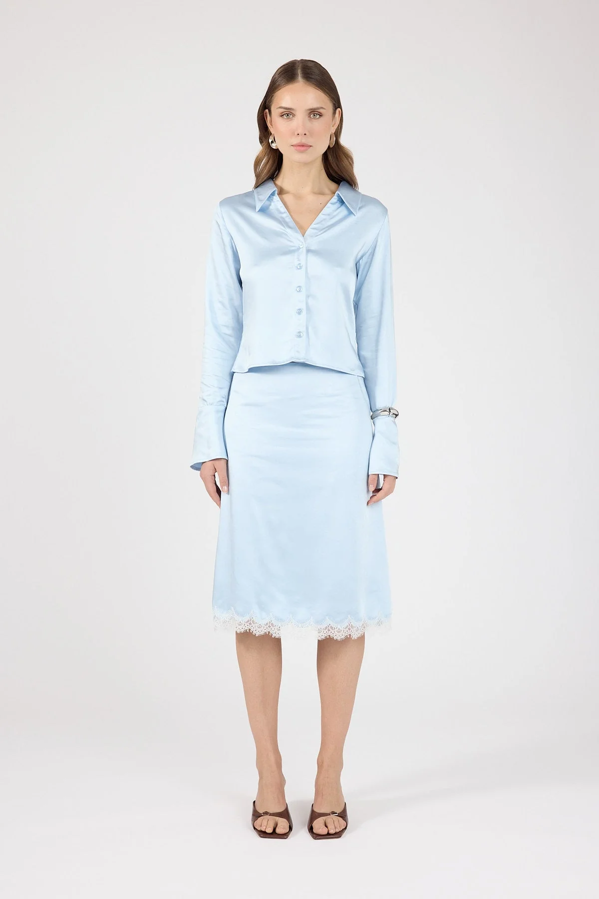 Satin Lace Midi Skirt Blue/White