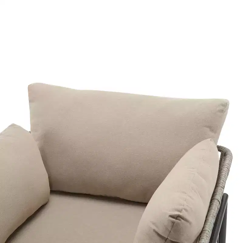 36W Patio Accent Chair Lounge Chair Arm Chair with Cushions, Pillows and Stylish Rope-Weave Design, Iron, Beige+Grey/Natural-ModernLuxe