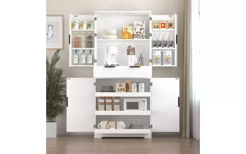 Zevemomo 72 Fluted Kitchen Pantry Cabinet with 3 Drawers & 6 Adjustable Shelves, Freestanding Storage Cupboard for Bathroom Dining Room Office, White