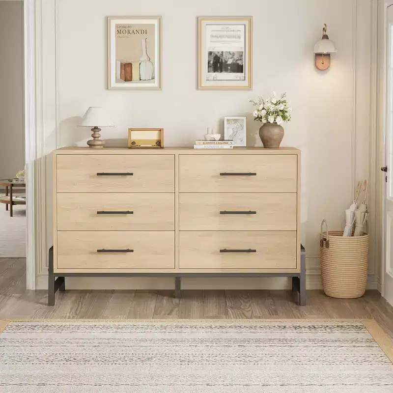 6 Drawer Double Dresser for Bedroom, Wide Drawer with Storage Freestanding, Wooden Closet Storage Chest for Bedroom, Hallway and Entryway