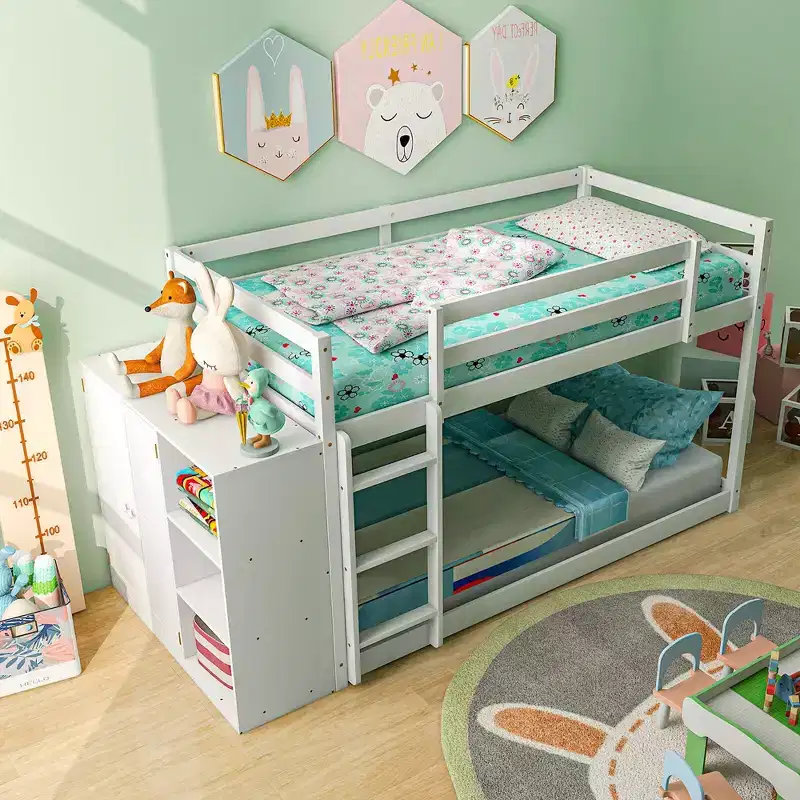 Twin Over Twin Bunk Bed with Bookcase, Storage Shelves & Ladder – White