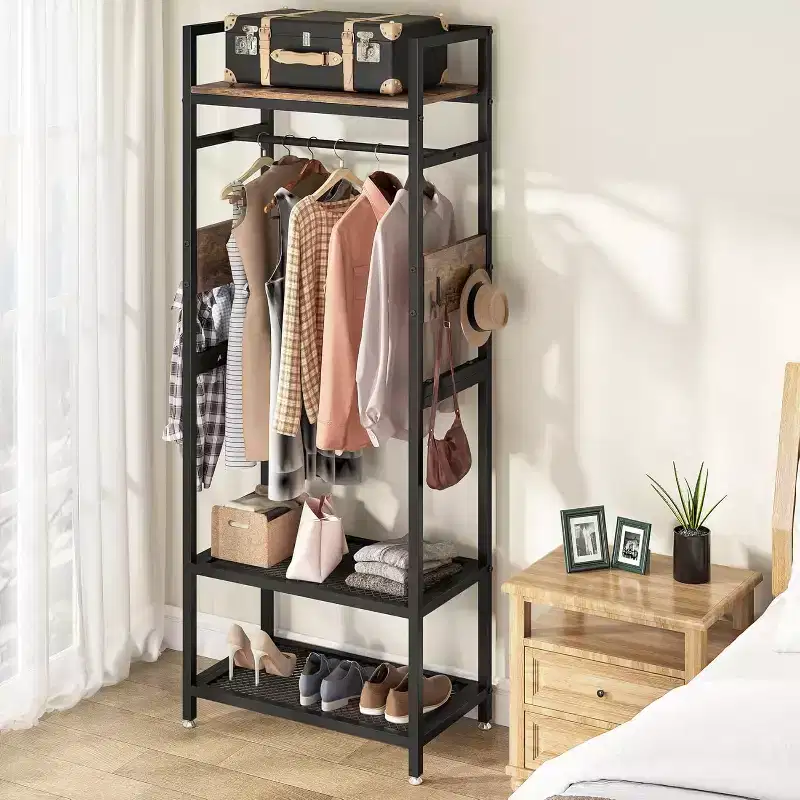 Lantine 69-inch Tall Heavy Duty Garment Rack: Freestanding Closet Organizer with Open Storage Shelves and Hooks, Brown & Black for Bedroom.