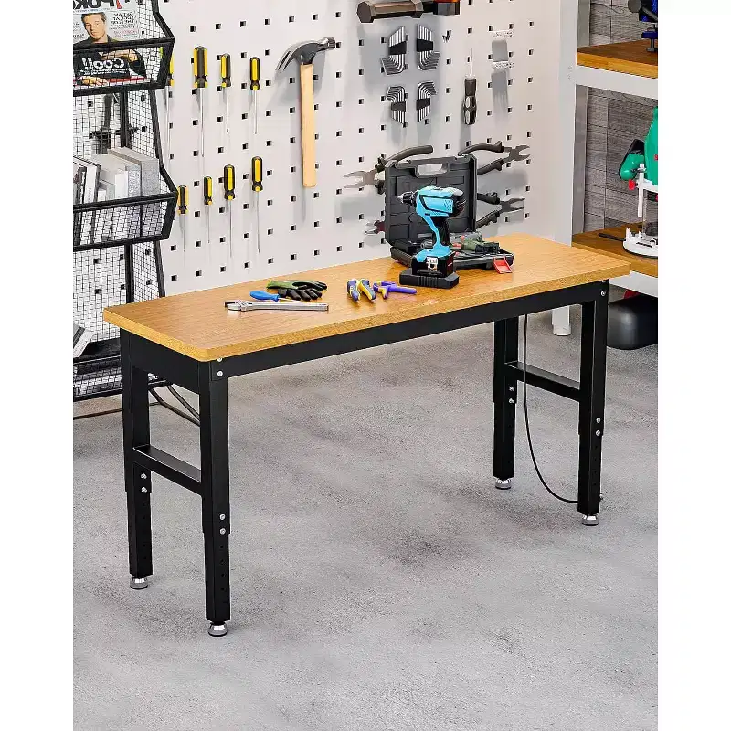 60 Adjustable Work Bench with Wheels, 2200 Lbs Capacity Bamboo Wood Top Workbench, Work Station Table for Garage, Workshop, Home, Office