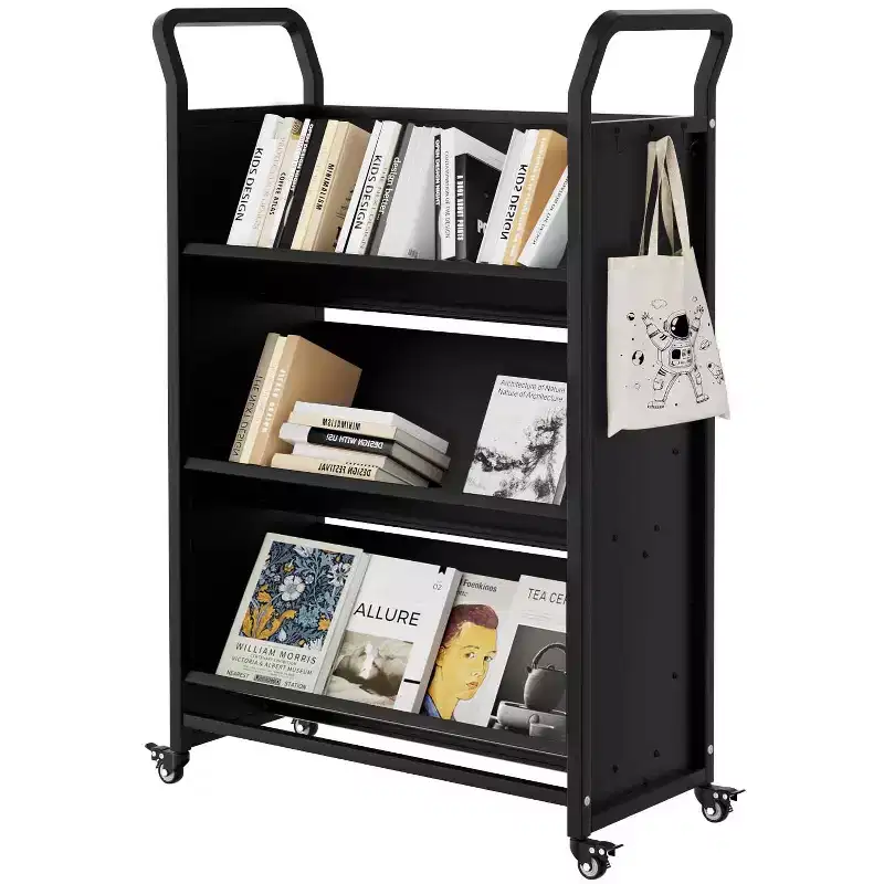 3 Tier Rolling Book Cart,Metal Utility Storage Carts with 4 Lockable Wheels & Side Hooks,Storage Bookshelf for Home Library School Office Study
