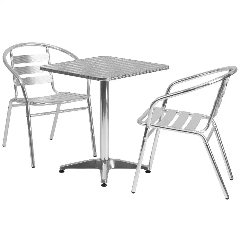 Emma and Oliver 23.5 Square Aluminum Table Set with 2 Slat Back Chairs